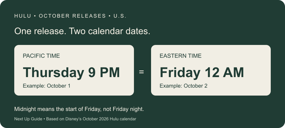 October Hulu releases: Thursday at 9 PM Pacific is Friday at 12 AM Eastern, the same moment.