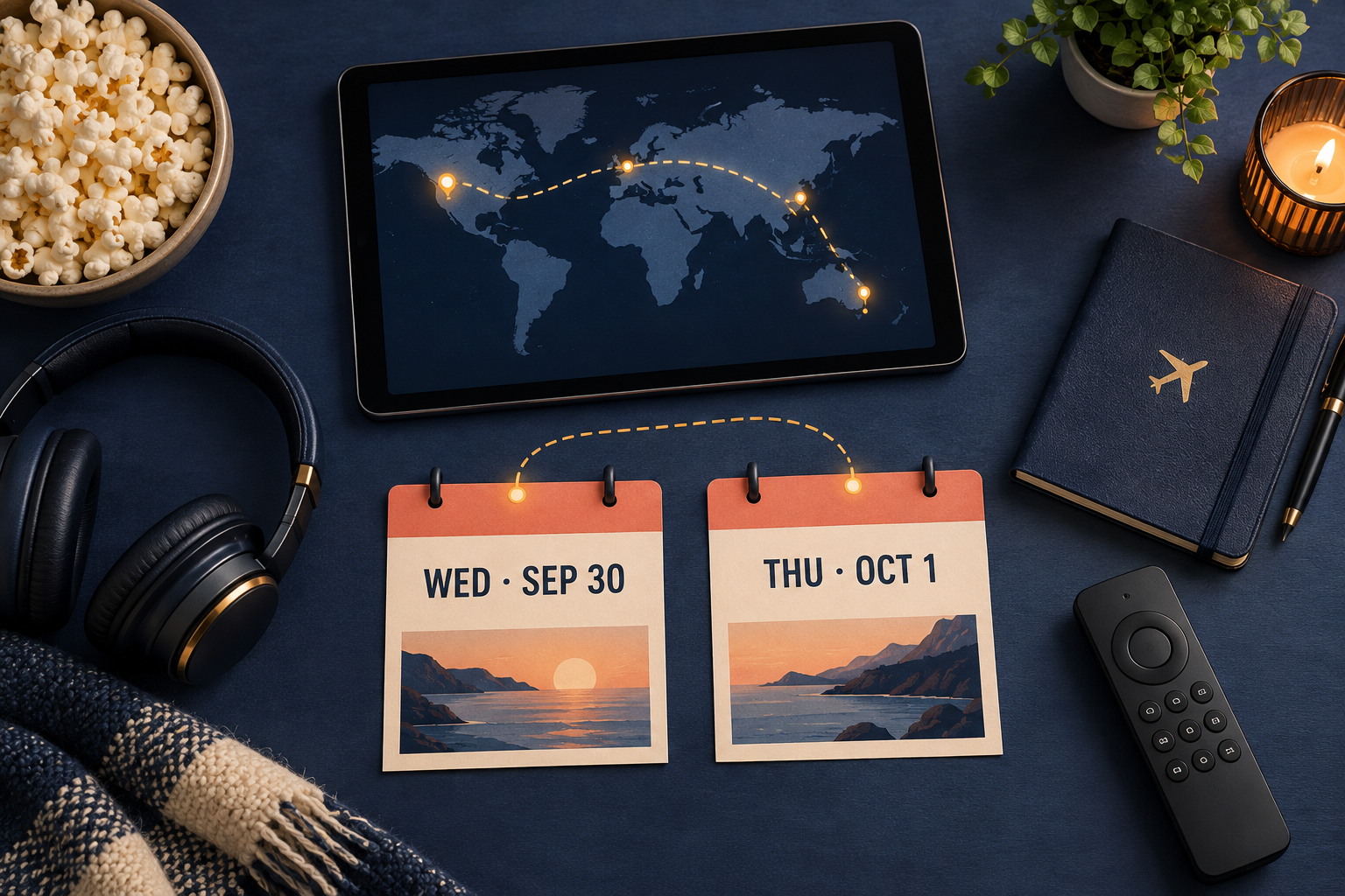 Two calendar cards marked Wednesday September 30 and Thursday October 1 beside a world route map and television remote
