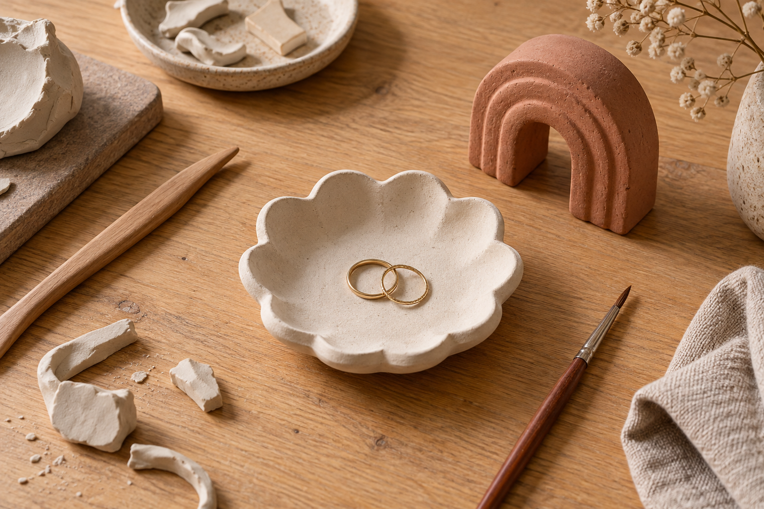 Illustrative craft scene with a scalloped ring dish, terracotta arch and clay tools on a wooden table.