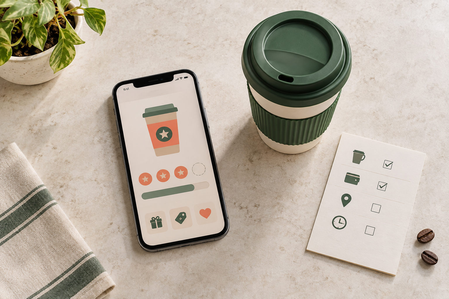 A complete phone, reusable coffee cup and simple deal checklist arranged on a light table