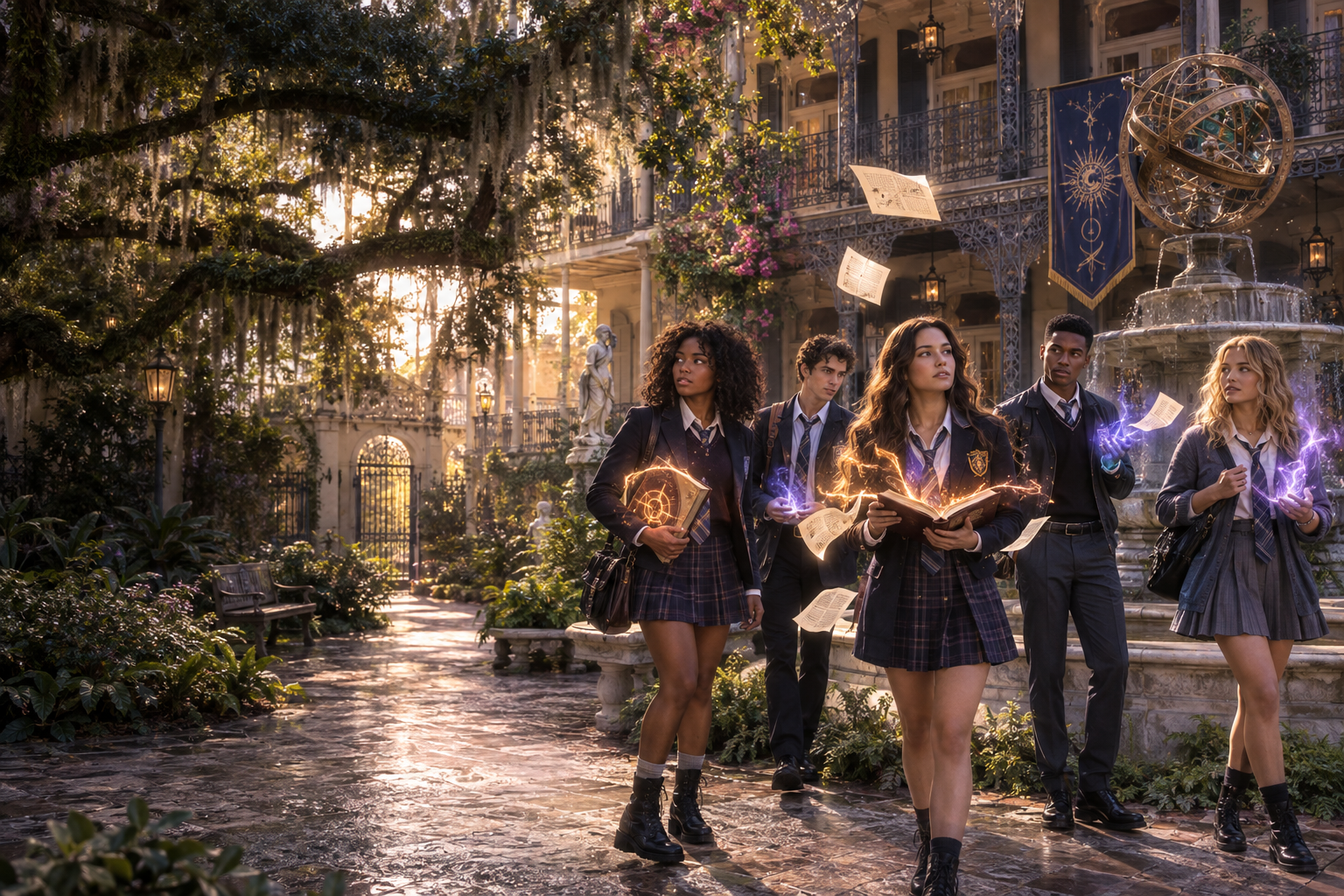 Five young magic-school students holding glowing spellbooks in the courtyard of an ornate New Orleans academy
