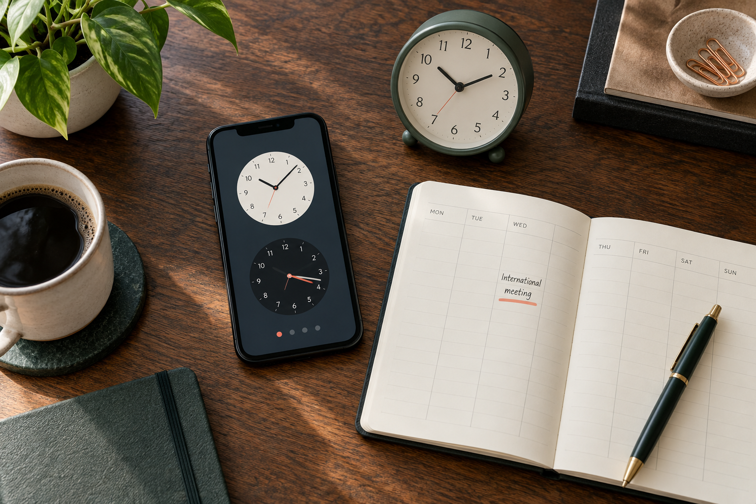 A complete smartphone, desk clock and weekly planner arranged for checking an international meeting time