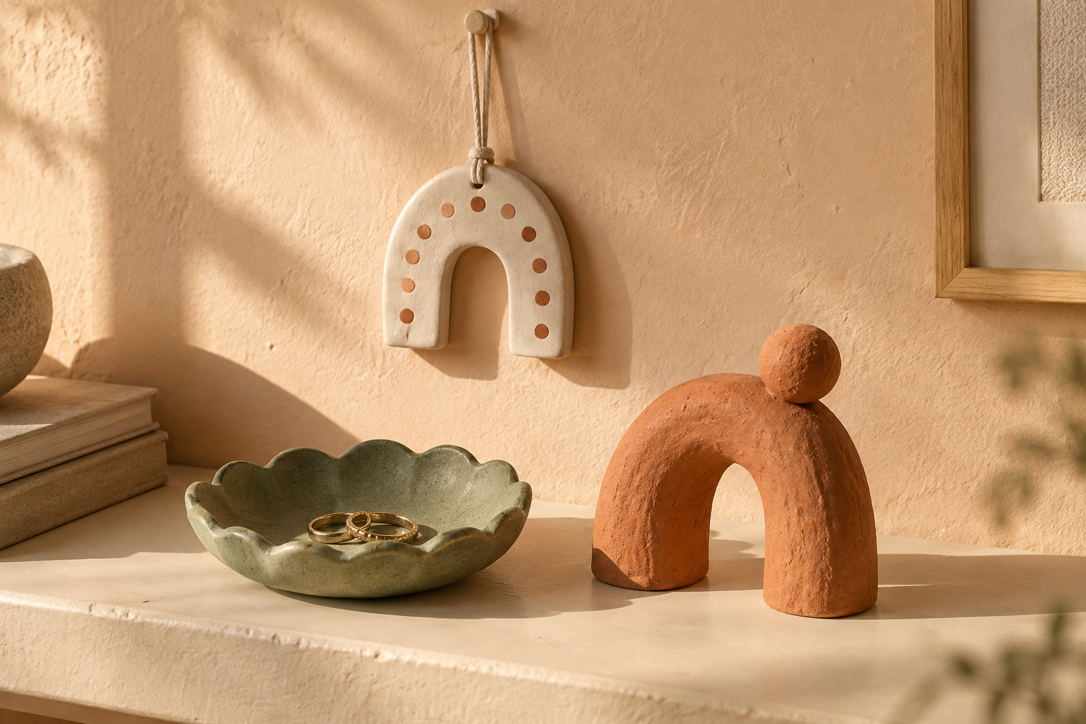 Illustrative indoor craft ideas: an ivory hanging ornament, a sage ring dish and a terracotta sculpture on a dry shelf.