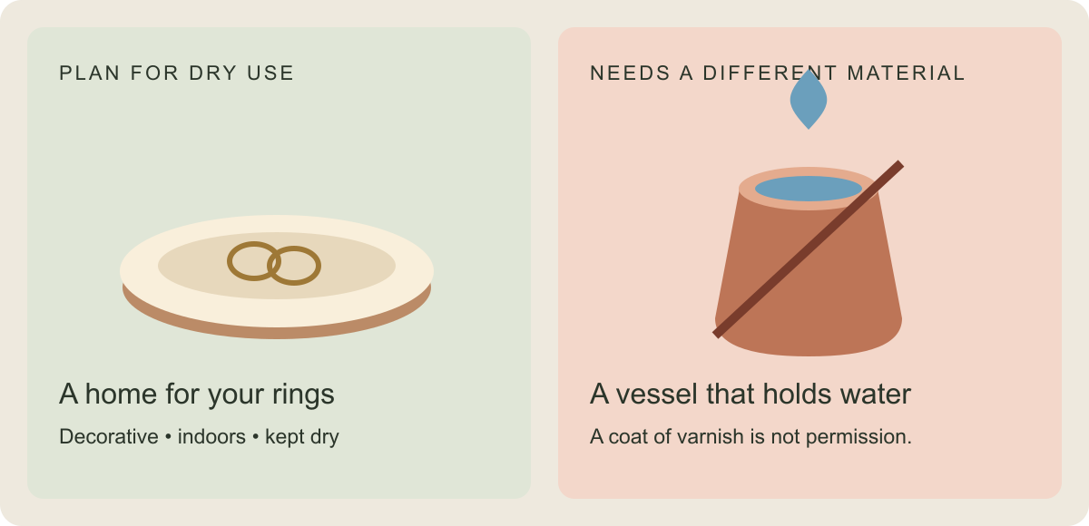 A dry decorative ring dish compared with a water-filled vessel. Varnish alone does not establish suitability for holding water.