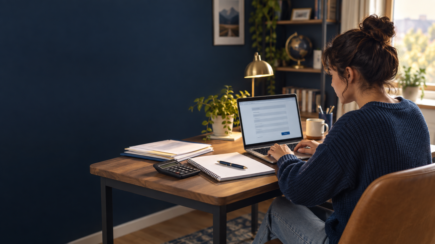 A college-bound student preparing a financial aid application at a home desk