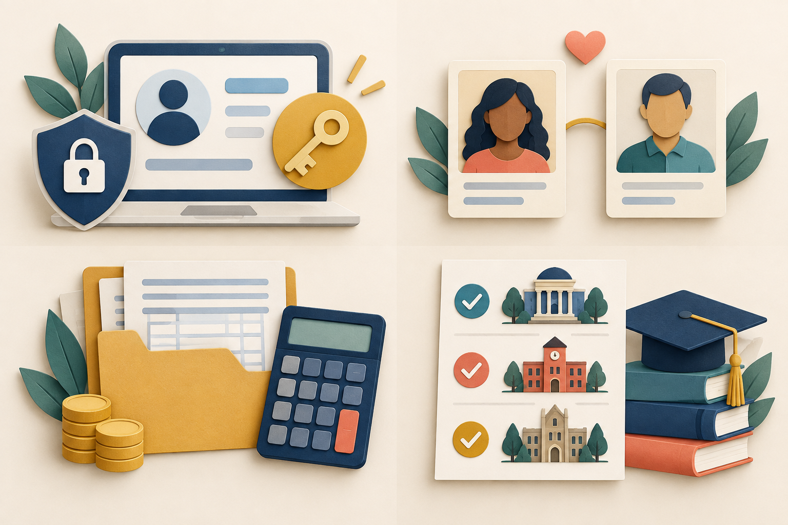 An original illustration of account security, family contributors, financial records and a college list