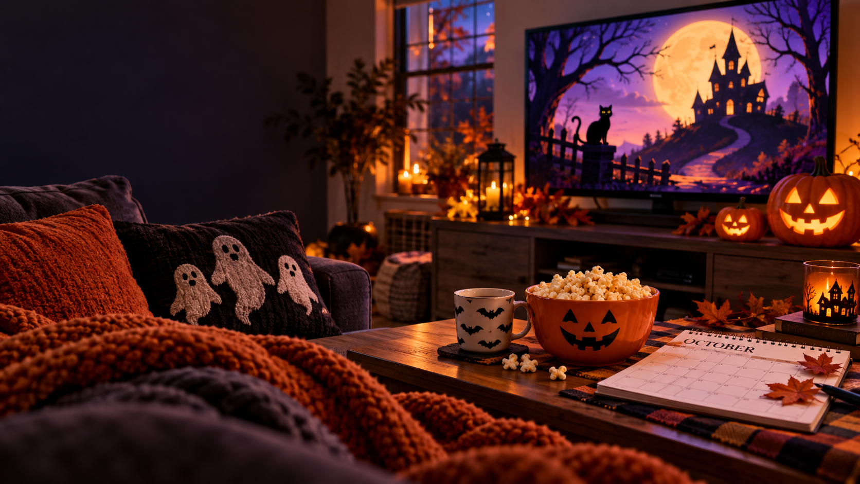 A bright Halloween movie-night living room with pumpkins, popcorn, an October calendar and a glowing television