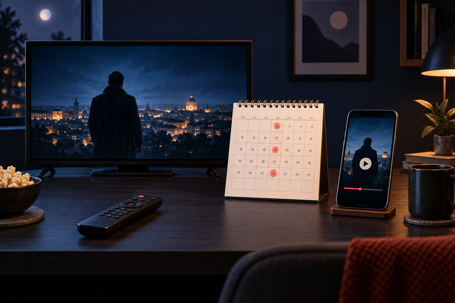 A complete television, smartphone, remote and desk calendar with alternating Wednesdays highlighted