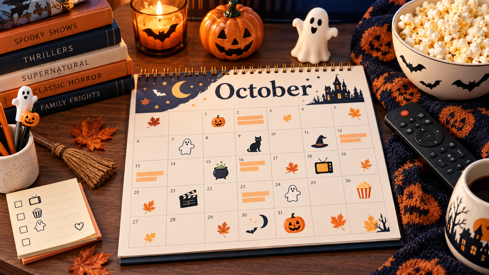 An October Halloween television planner with a remote, popcorn, pumpkins and movie-night icons