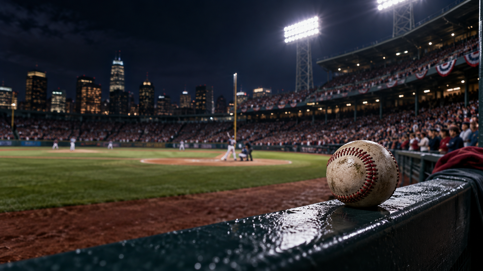 An original night baseball stadium scene with a baseball on a dugout railing