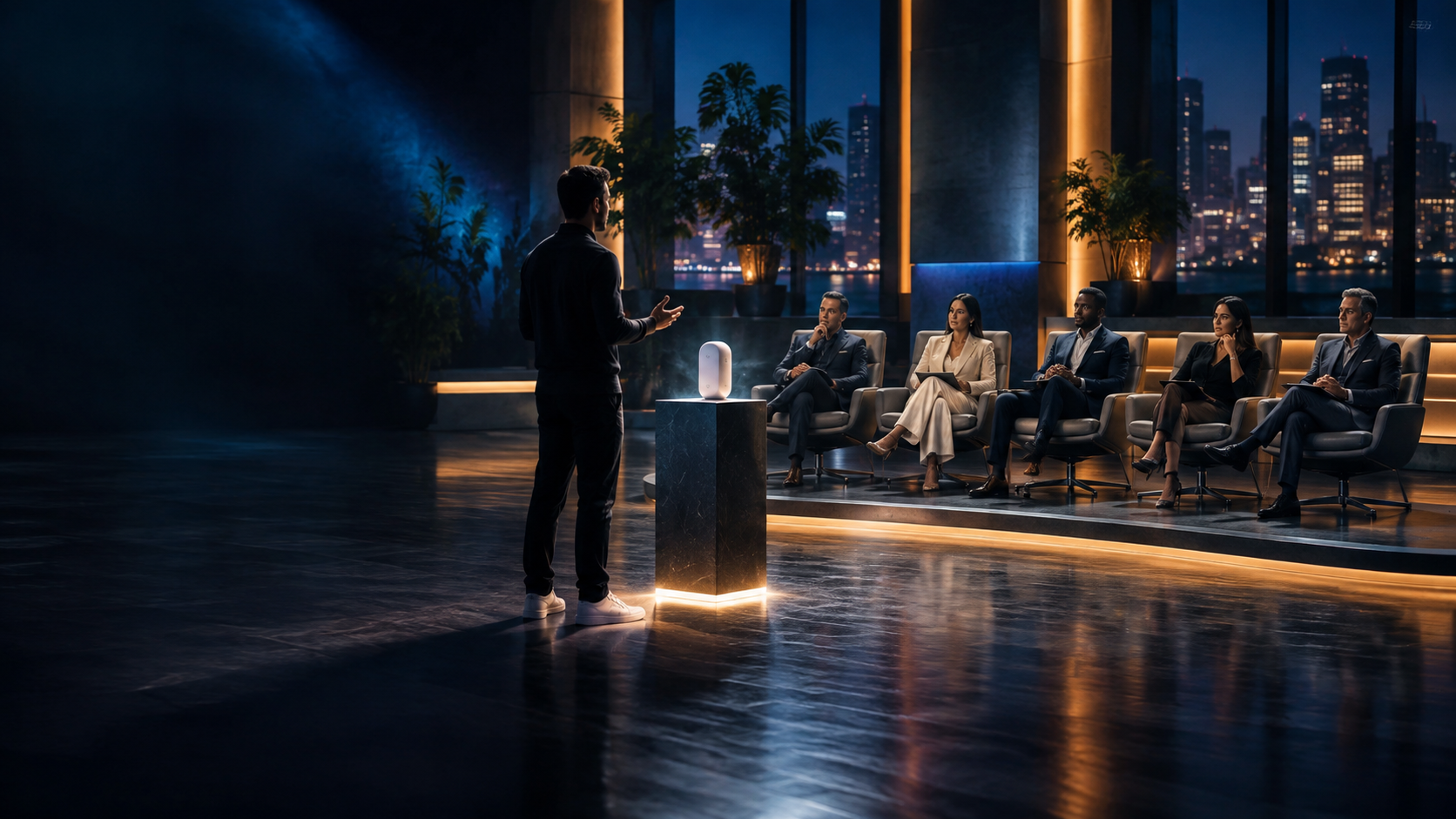 An entrepreneur presenting an idea to five investors in a modern studio