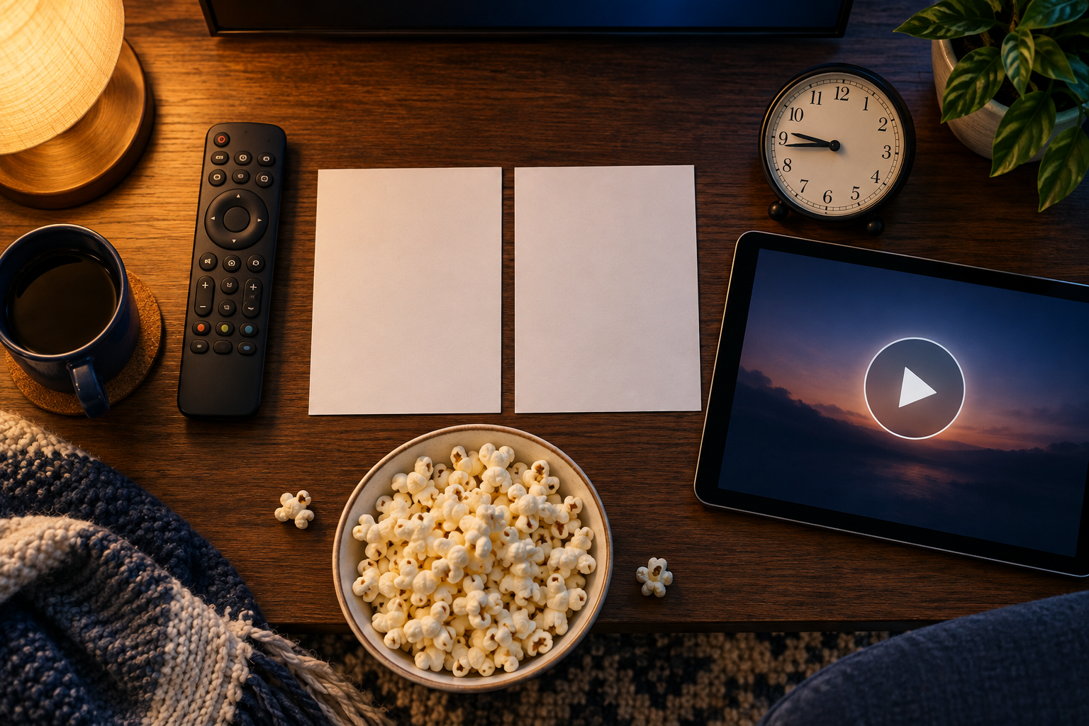 A television remote, two blank reminder cards, a clock, popcorn and a tablet prepared for a two-episode viewing night