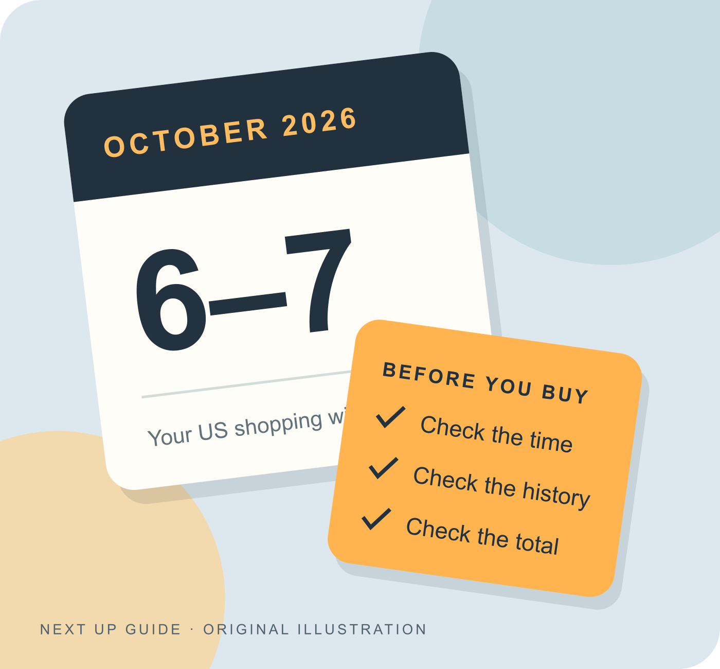 An illustrated shopping plan showing October 6 and 7, a clock, and a price-check card