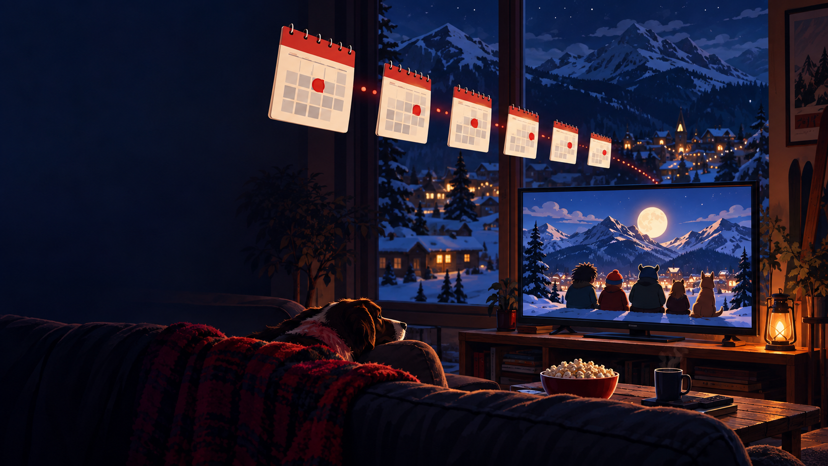 A television night in a snowy mountain town with six calendar cards marking alternating episode dates