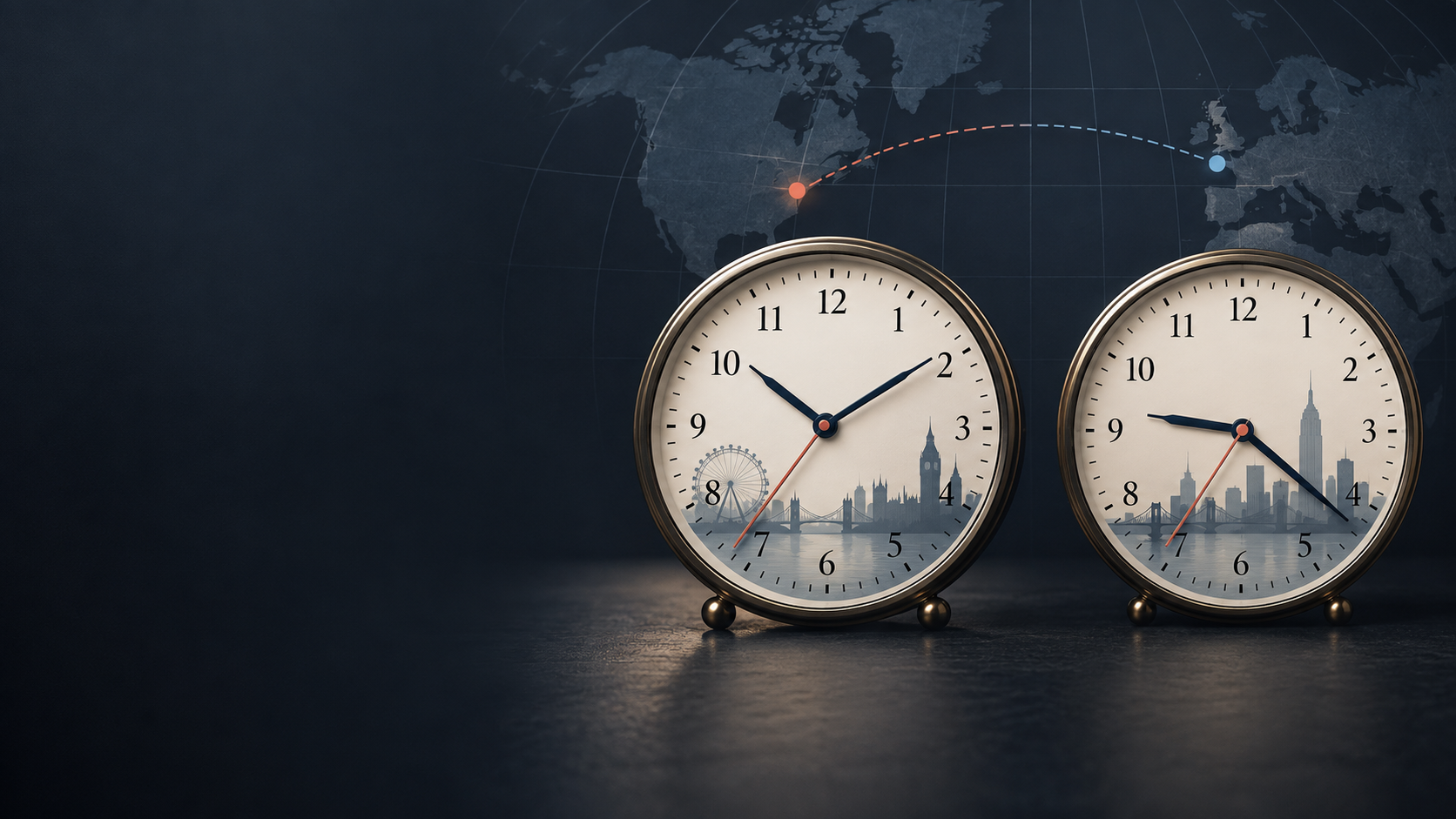 Two complete analog clocks connecting London and New York on a dark world map