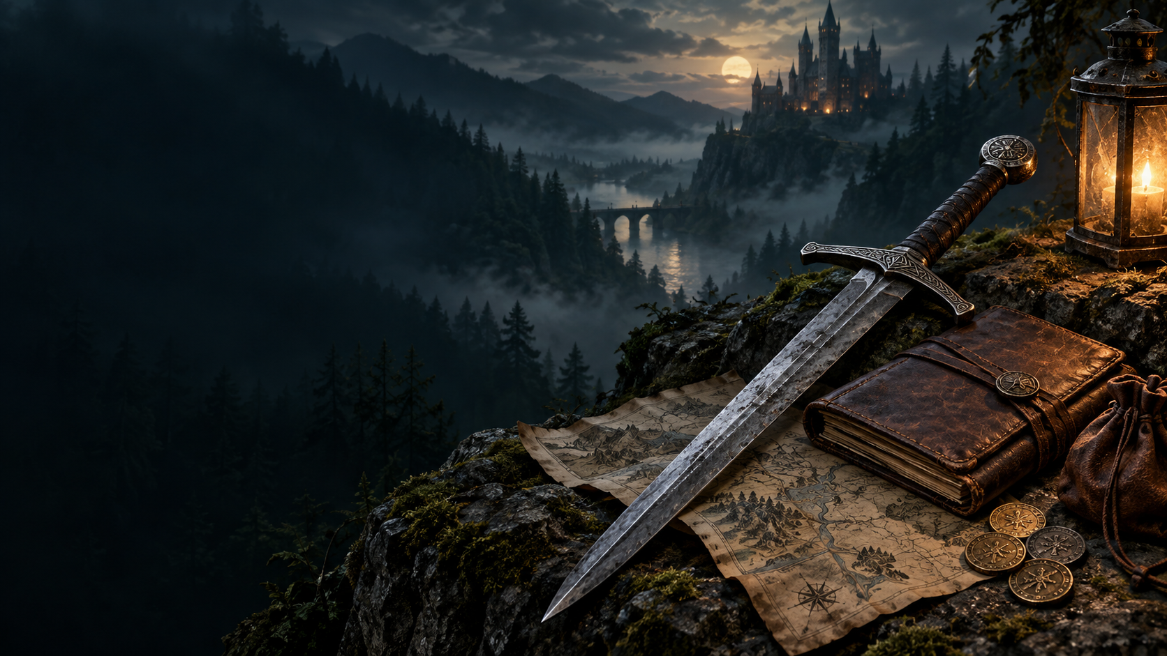 An original dark-fantasy scene with a sword, map, journal and distant castle