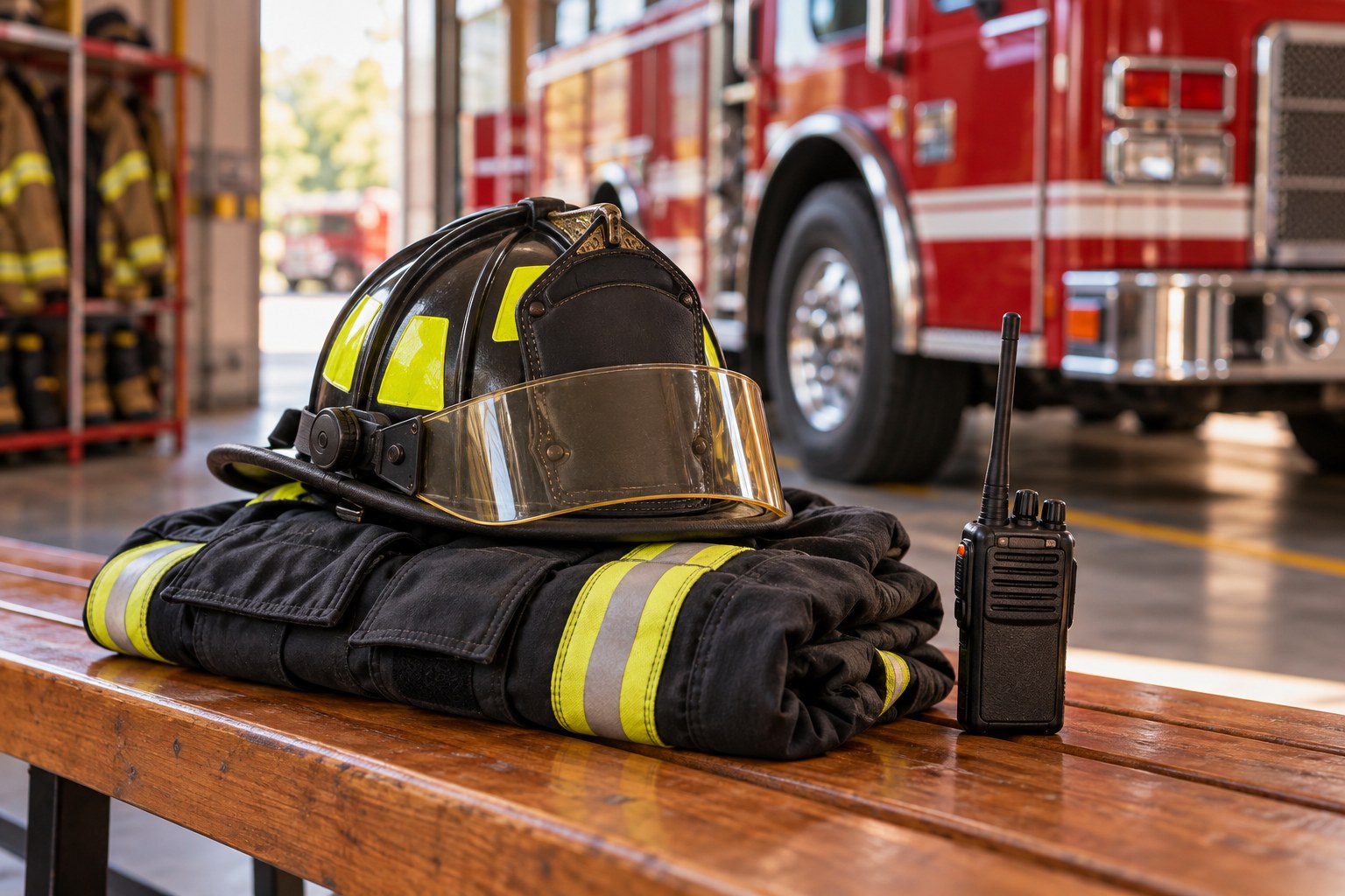 A complete firefighter helmet and handheld radio on a firehouse bench