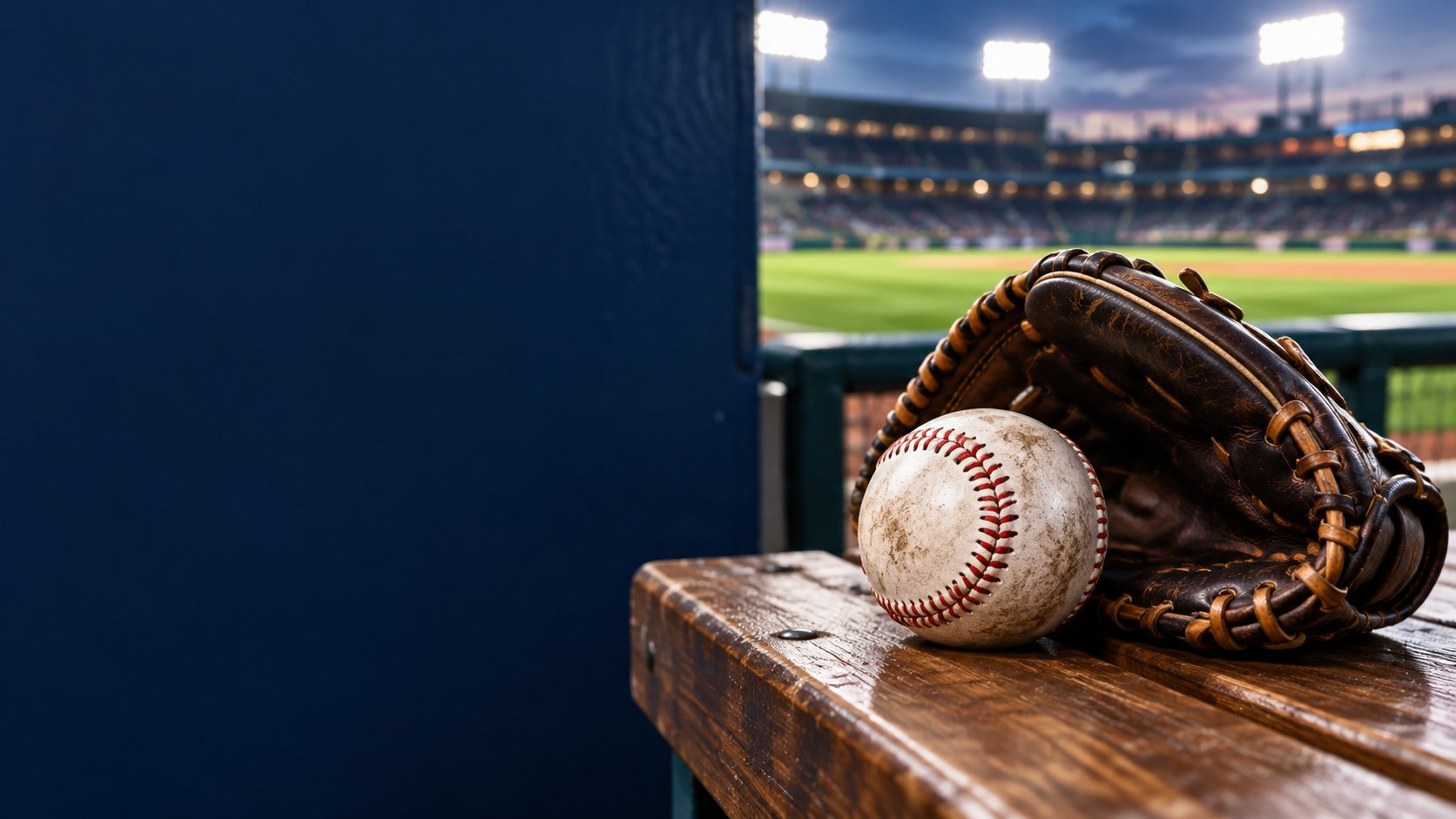 A complete baseball and glove on a bench with a generic ballpark behind them