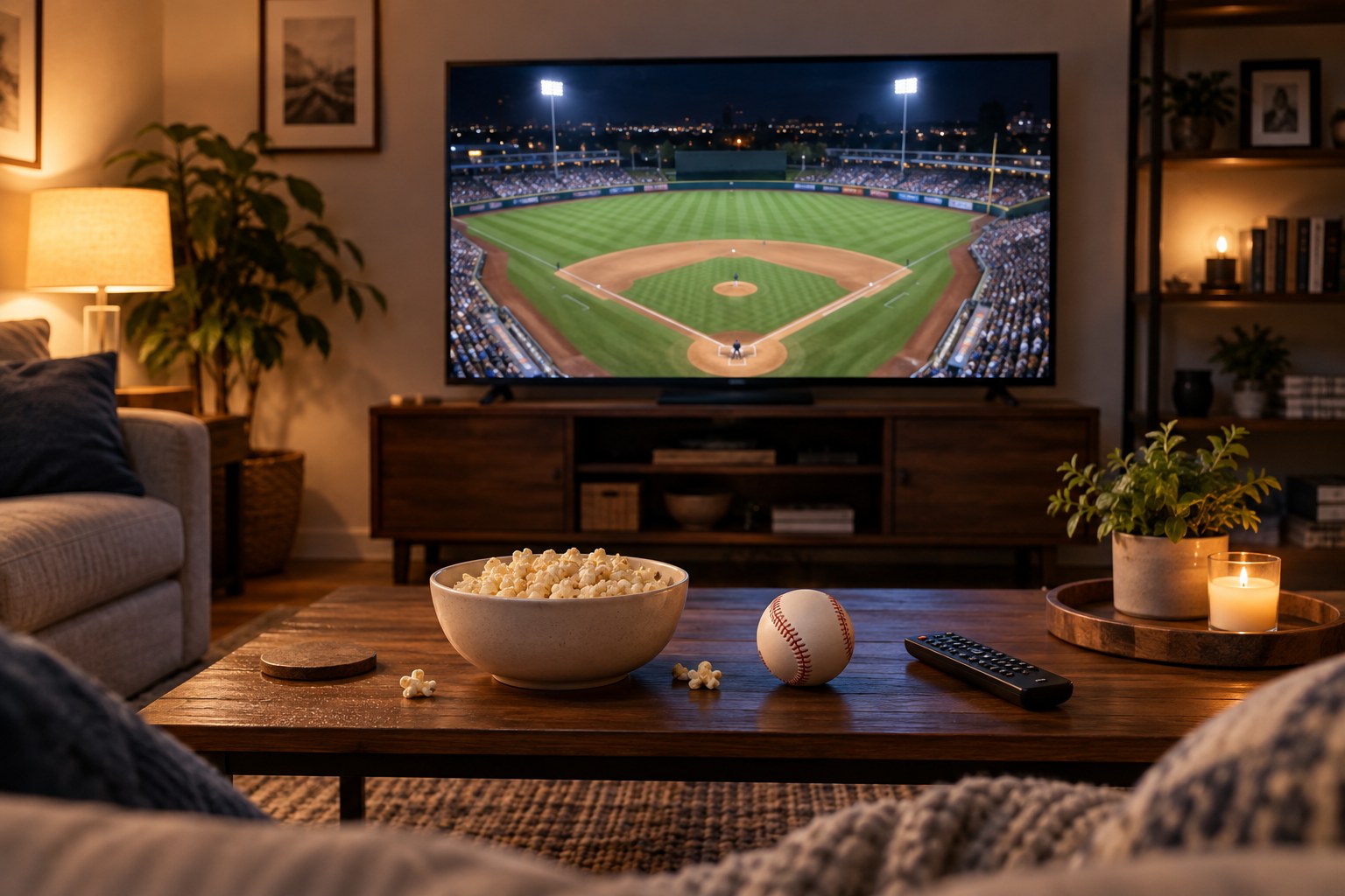 Television showing a generic baseball field, with popcorn, a baseball and remote fully visible