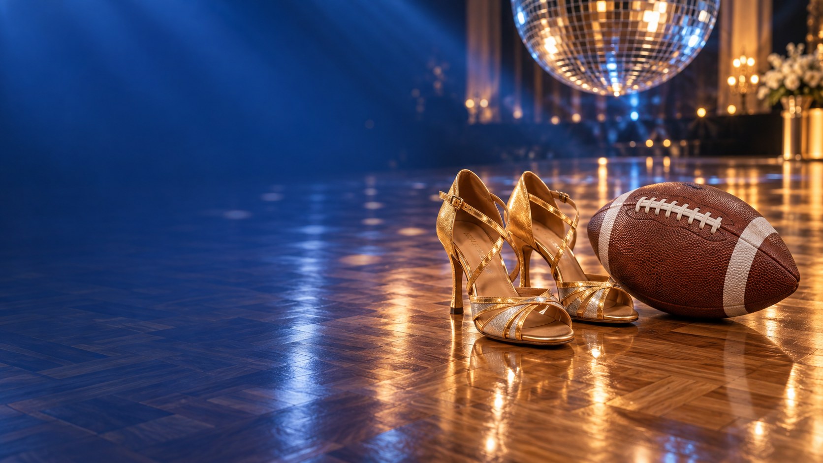 Gold ballroom dance heels and an American football on a parquet dance floor; conceptual editorial image