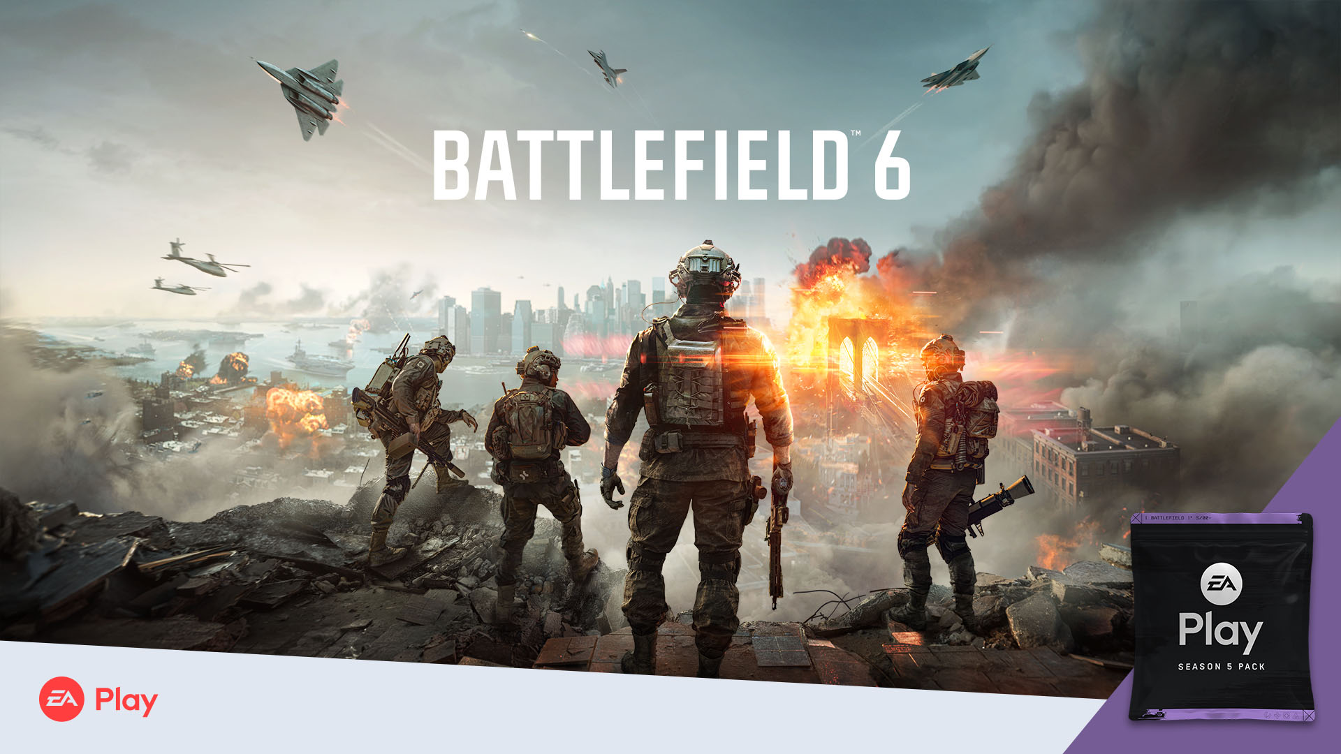 Official Battlefield 6 EA Play artwork showing the game logo and four soldiers overlooking a battlefield