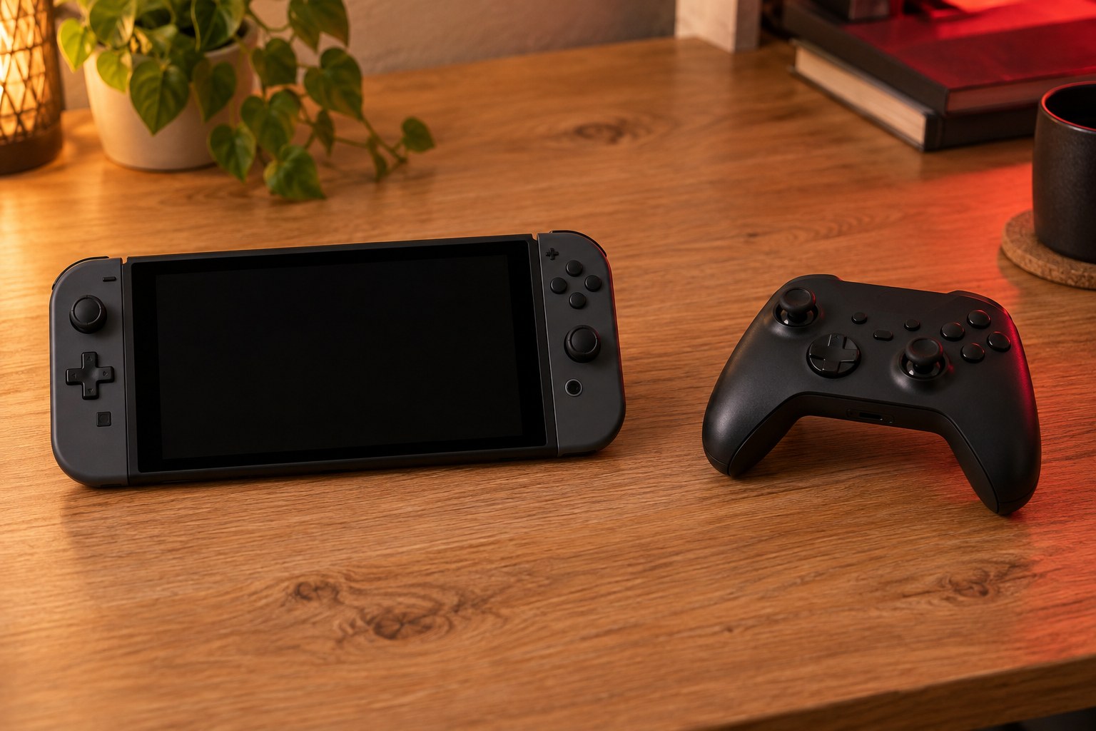 A handheld gaming device and controller fully visible on a tabletop