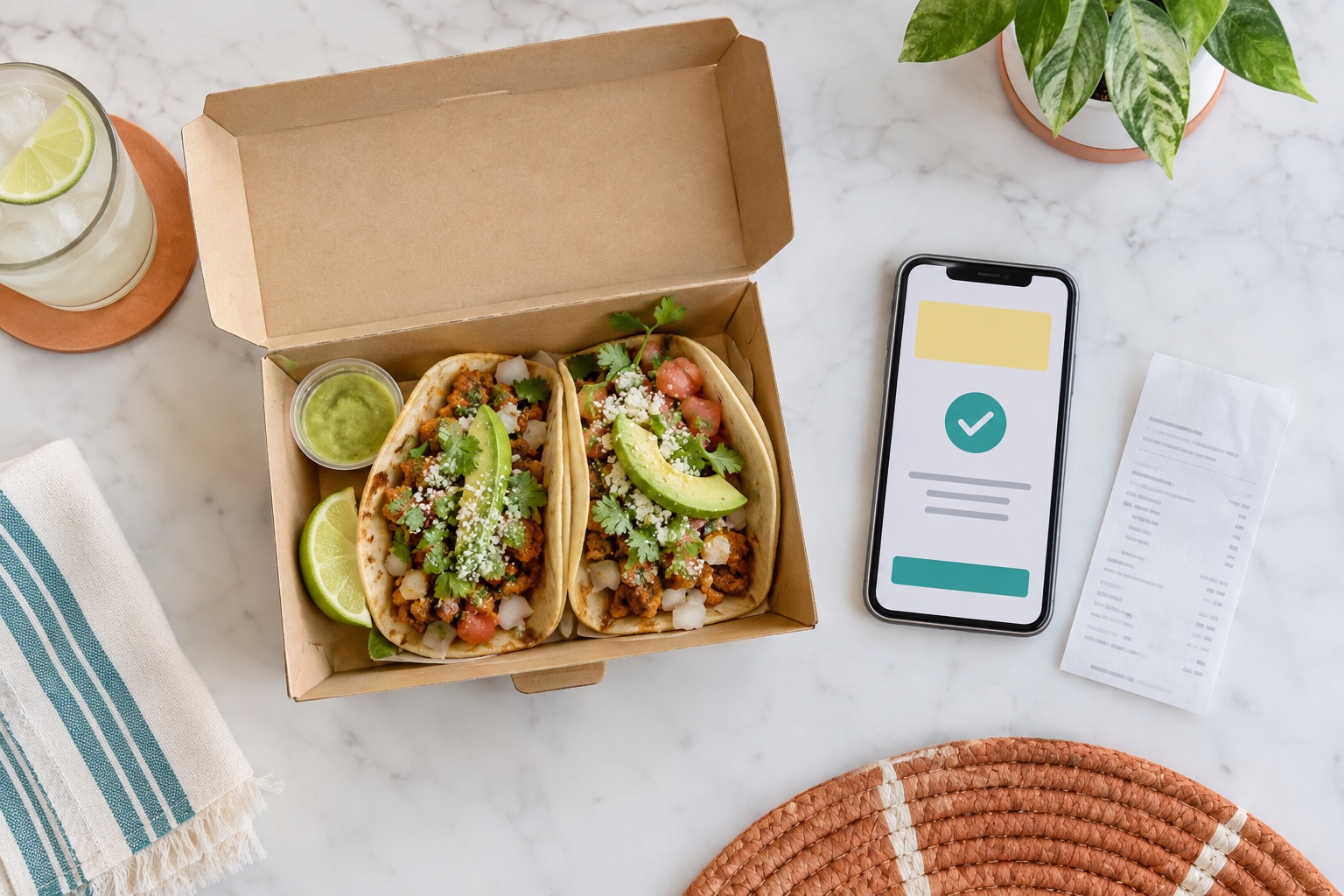 Takeout tacos beside a phone with a generic coupon confirmation and a receipt.