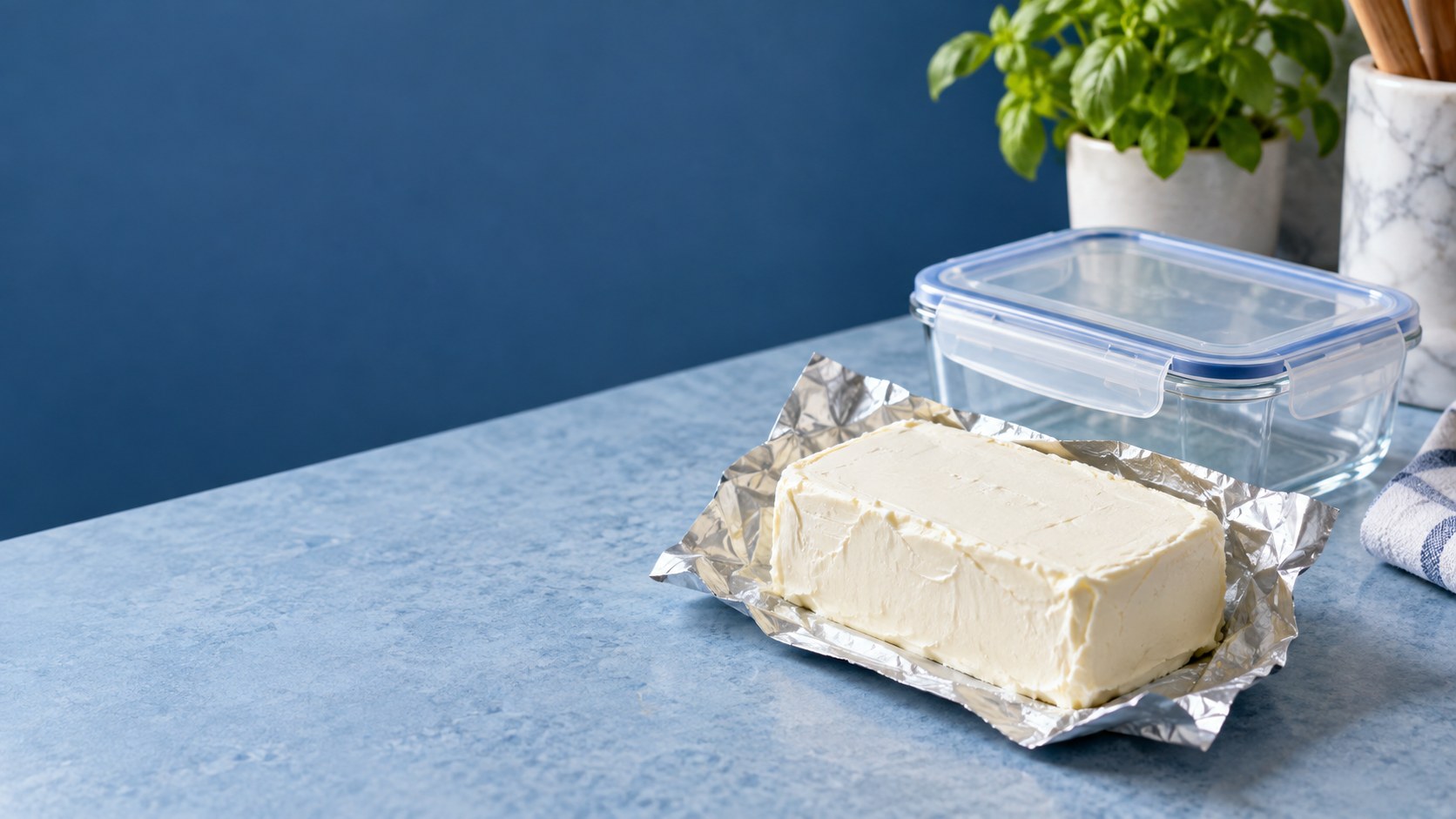 A whole block of plain cream cheese in foil beside a closed food storage container