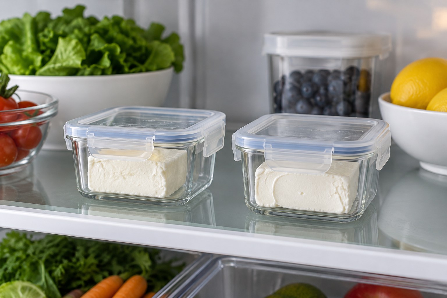 Two closed containers of cream cheese on a refrigerator shelf, with the complete containers visible