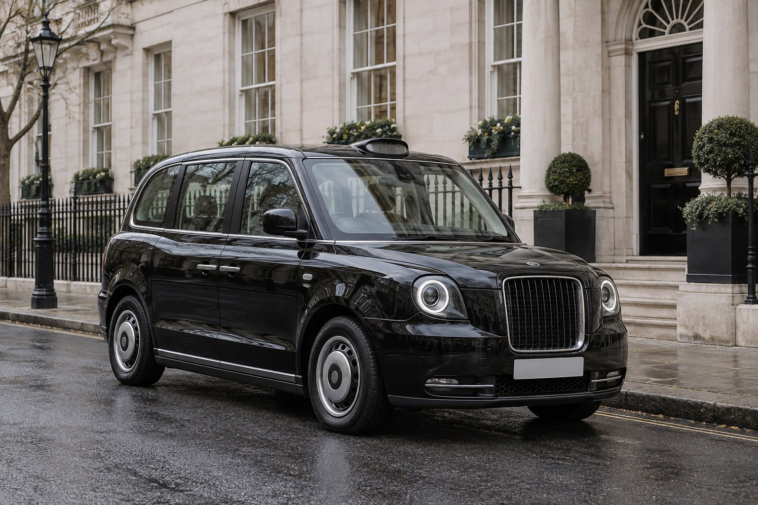A complete black car parked outside an elegant London-style townhouse