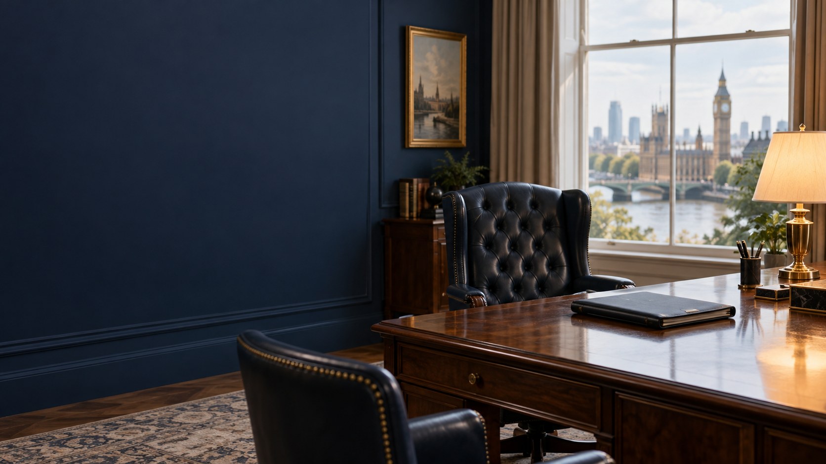 An empty diplomatic-style office with chairs and a briefing folder, inspired by a London setting