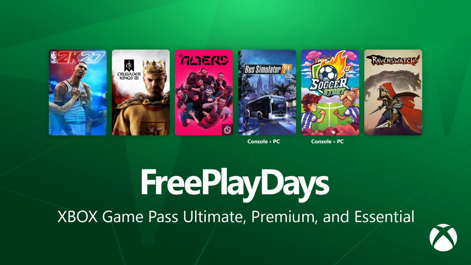 Official Xbox Free Play Days artwork showing this weekend's six games