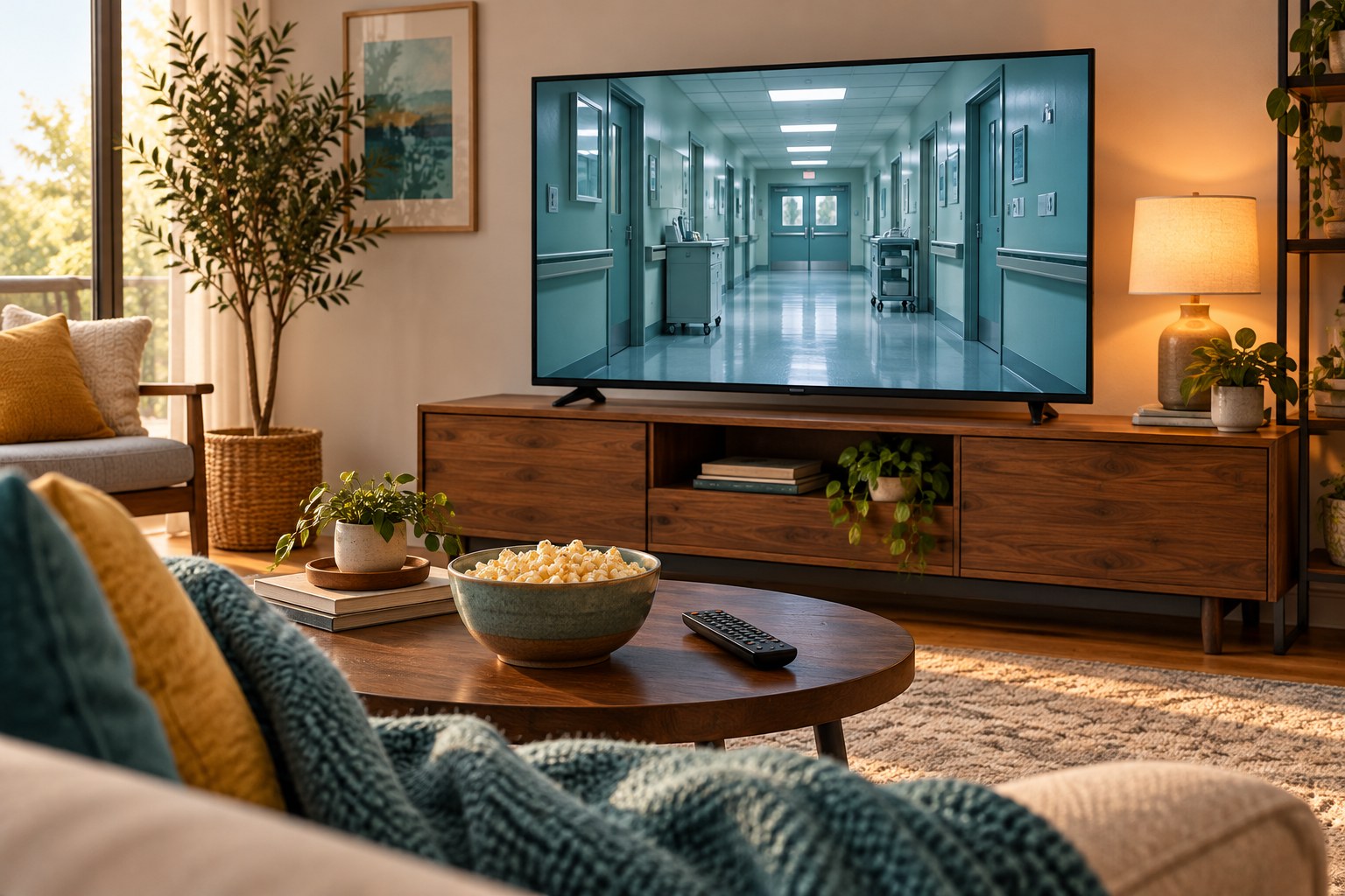 A television showing an empty hospital corridor with a remote and popcorn on a coffee table
