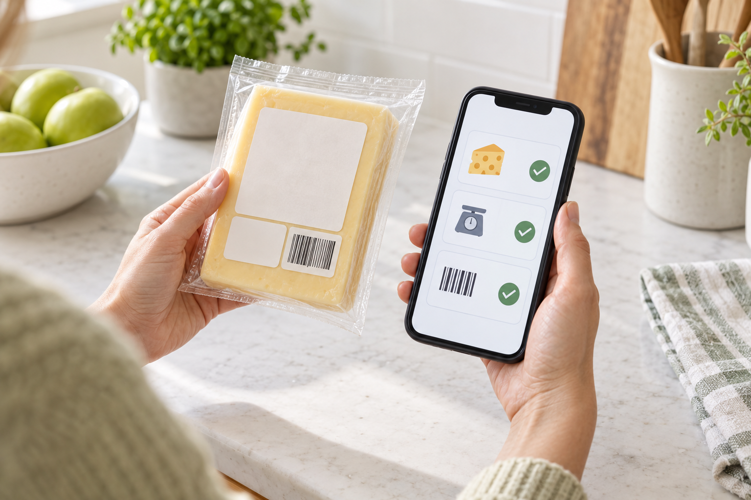 AI-generated editorial illustration of a person comparing an unbranded cheese package with a three-step checklist on a phone.