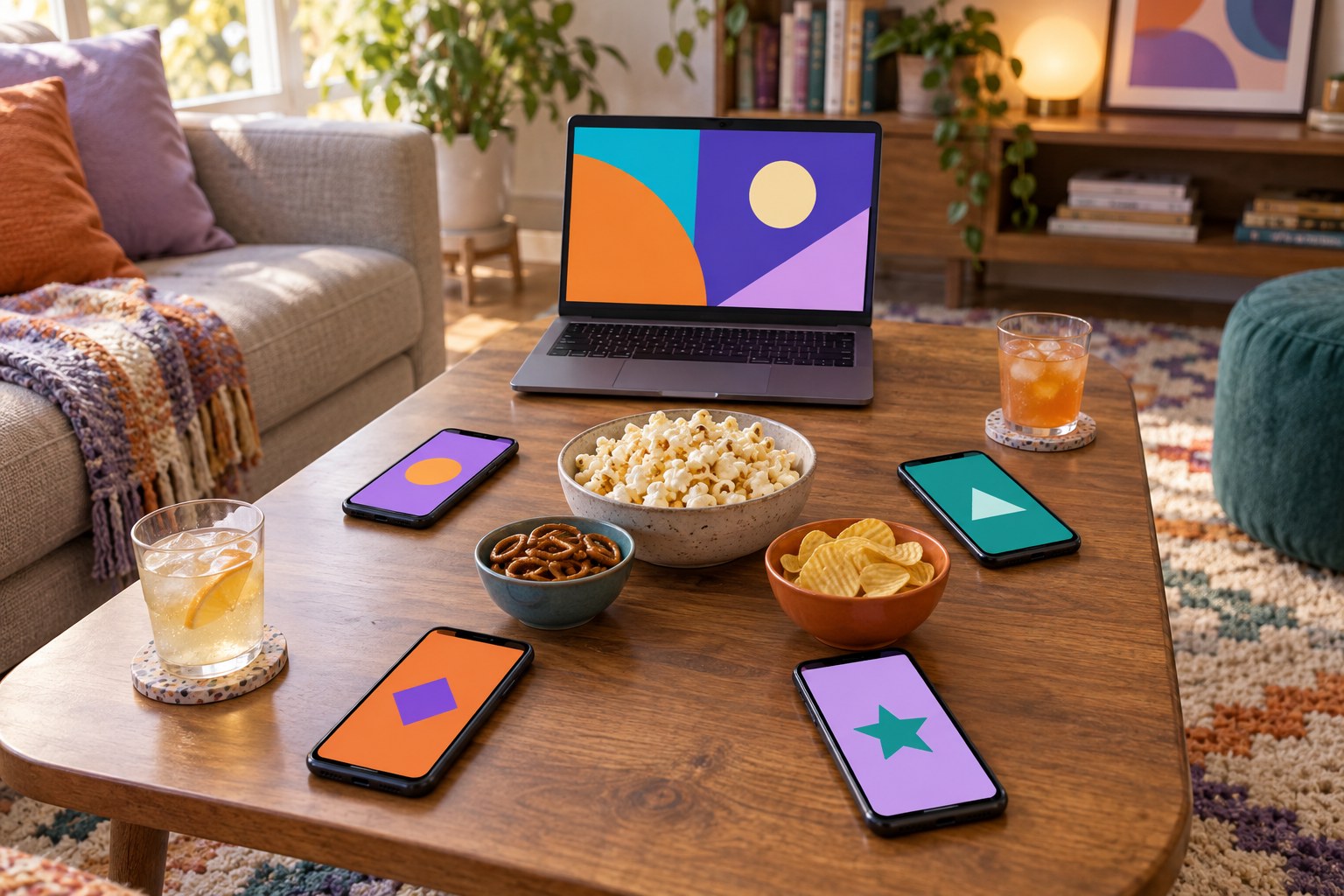 Four complete phones and a laptop on a coffee table prepared for a party game