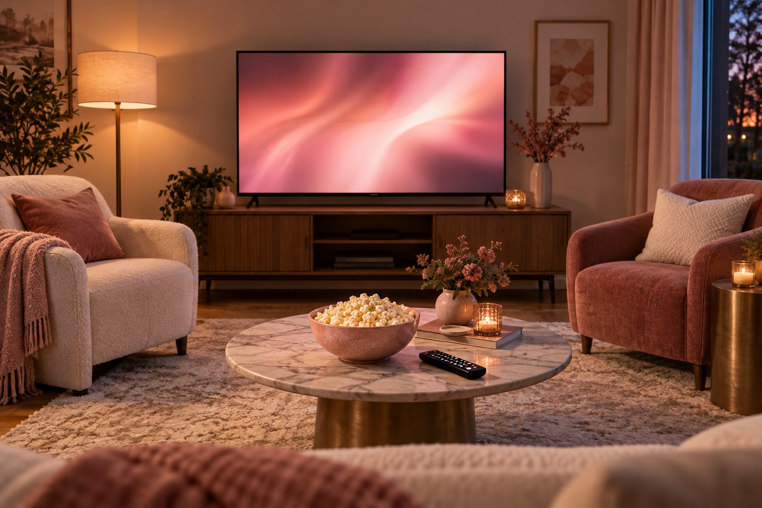 A living room ready for a watch night, with a television, popcorn and remote fully visible