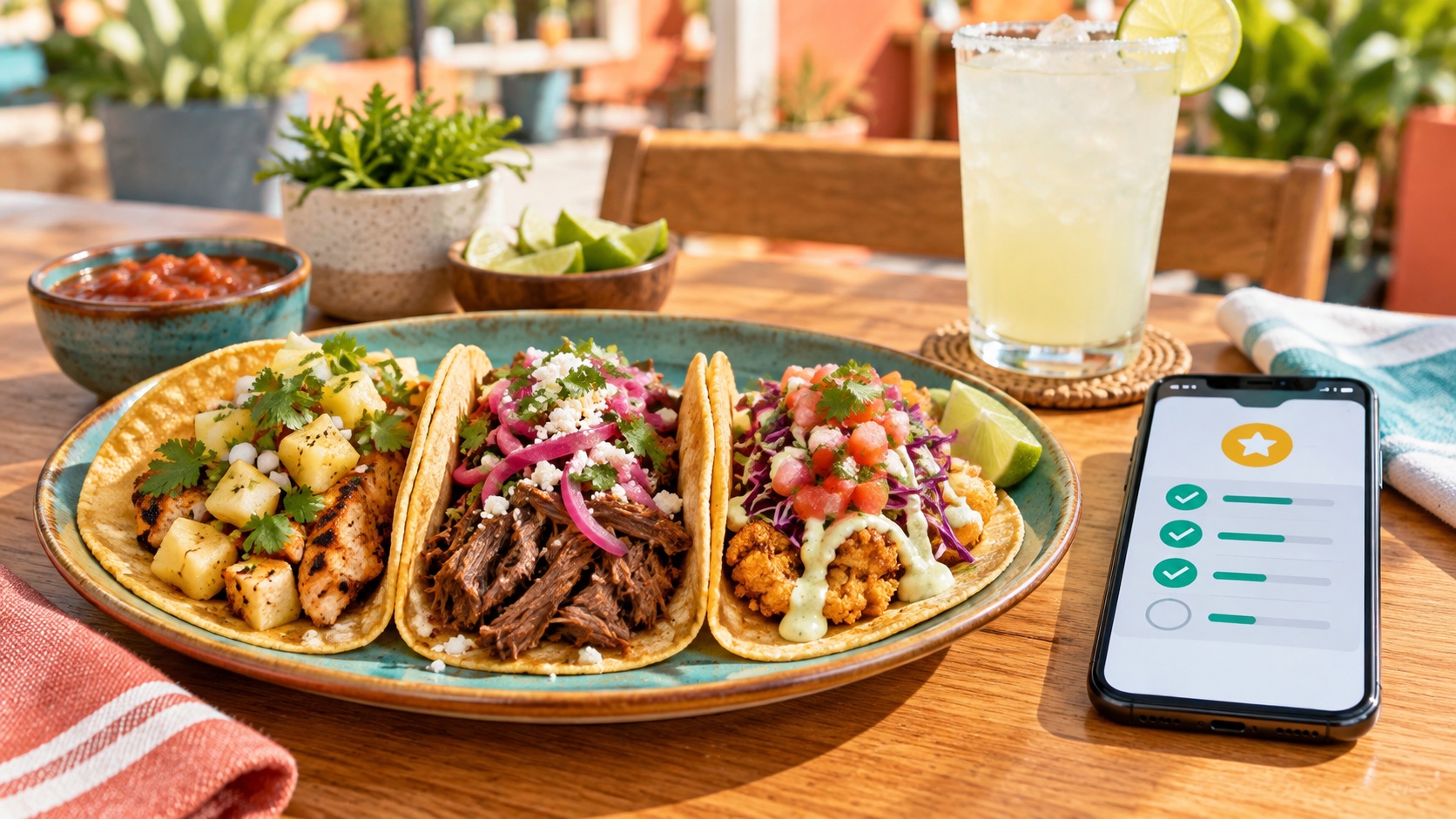A bright taco spread beside a phone showing a generic rewards checklist.