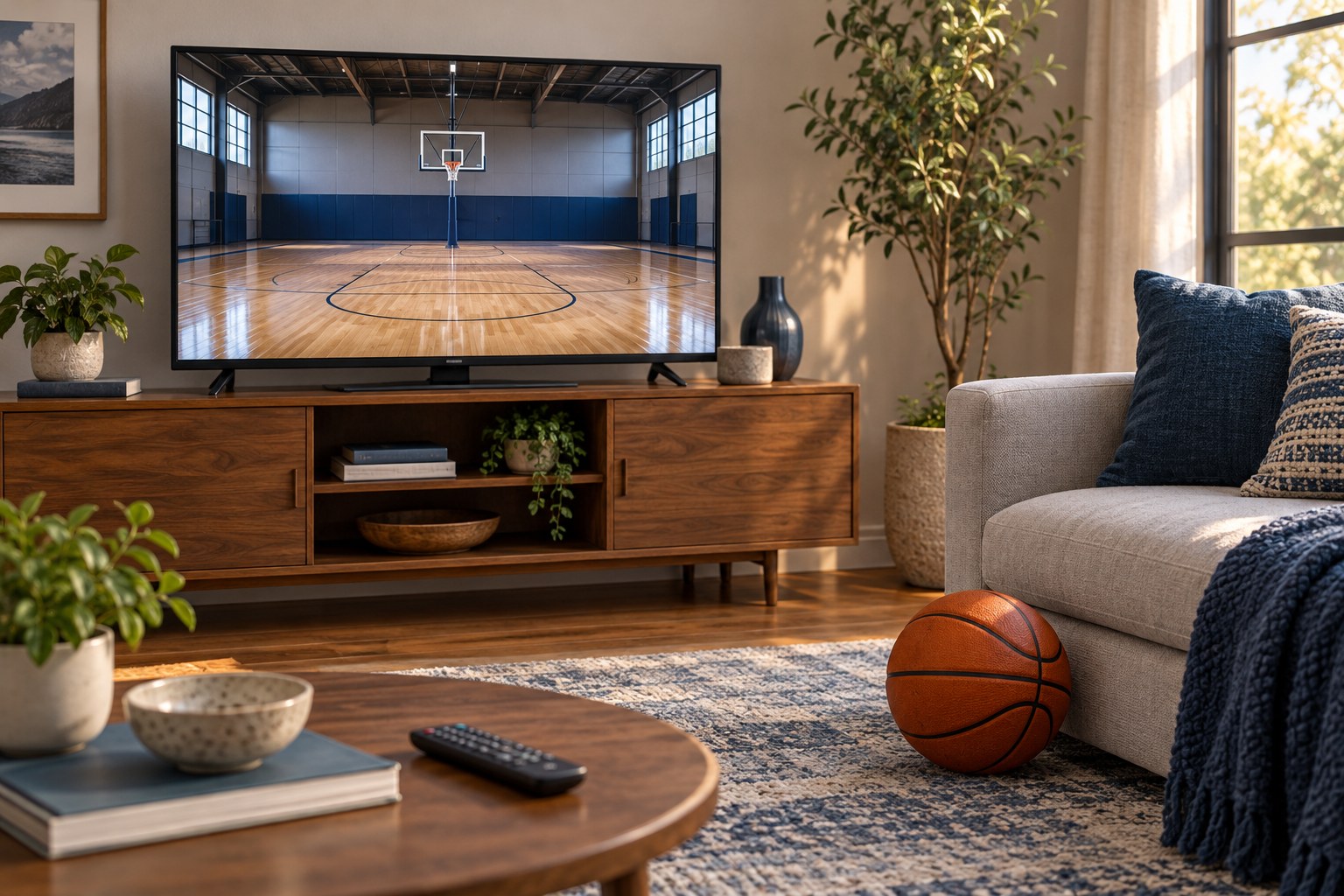 A basketball and a television showing an empty court in a naturally lit living room