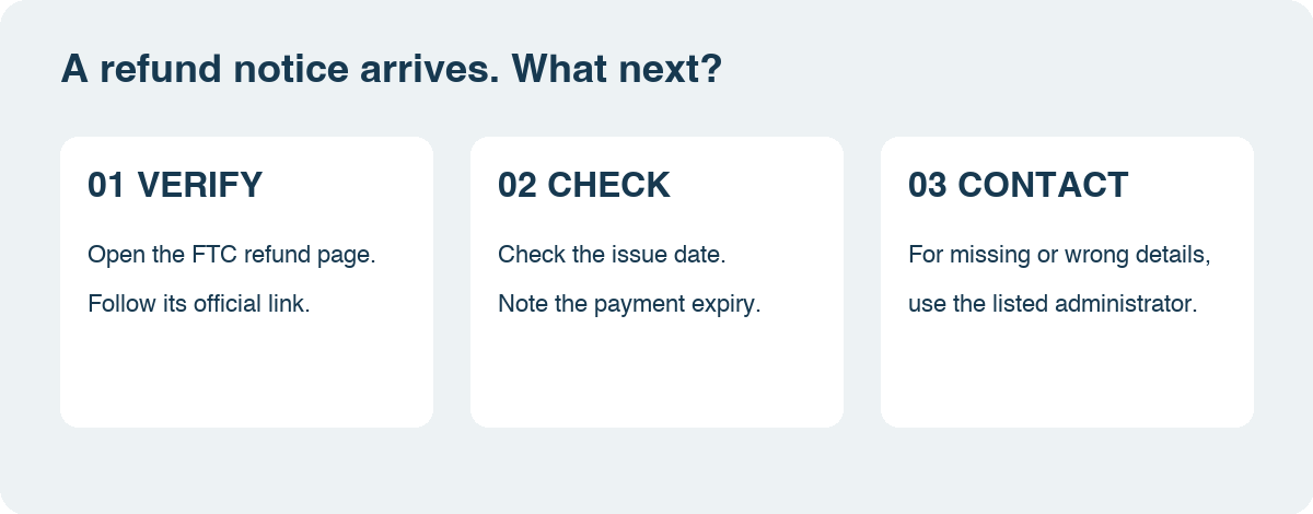 Refund notice checklist: verify through the FTC page, check issue and expiry dates, contact the listed administrator