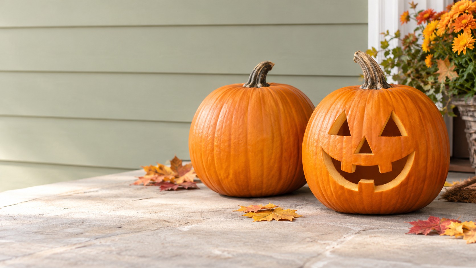 An intact pumpkin beside a freshly carved jack-o’-lantern, both fully visible on a light autumn porch.