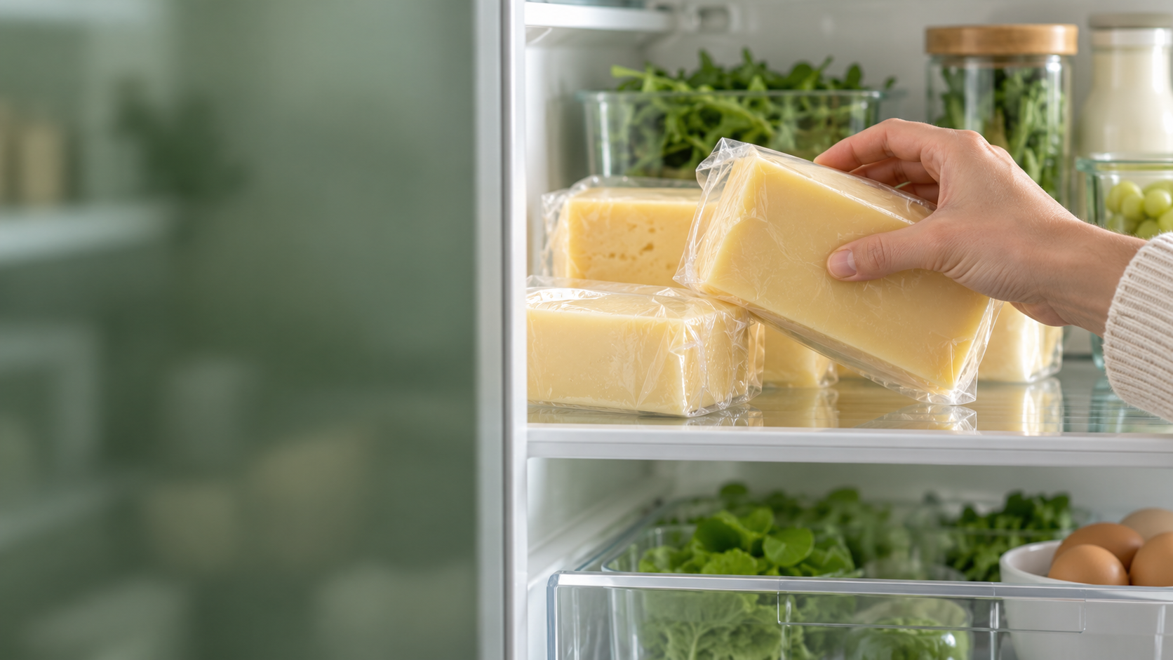 AI-generated editorial illustration of a hand checking unbranded cheese in a refrigerator; not recalled product packaging.