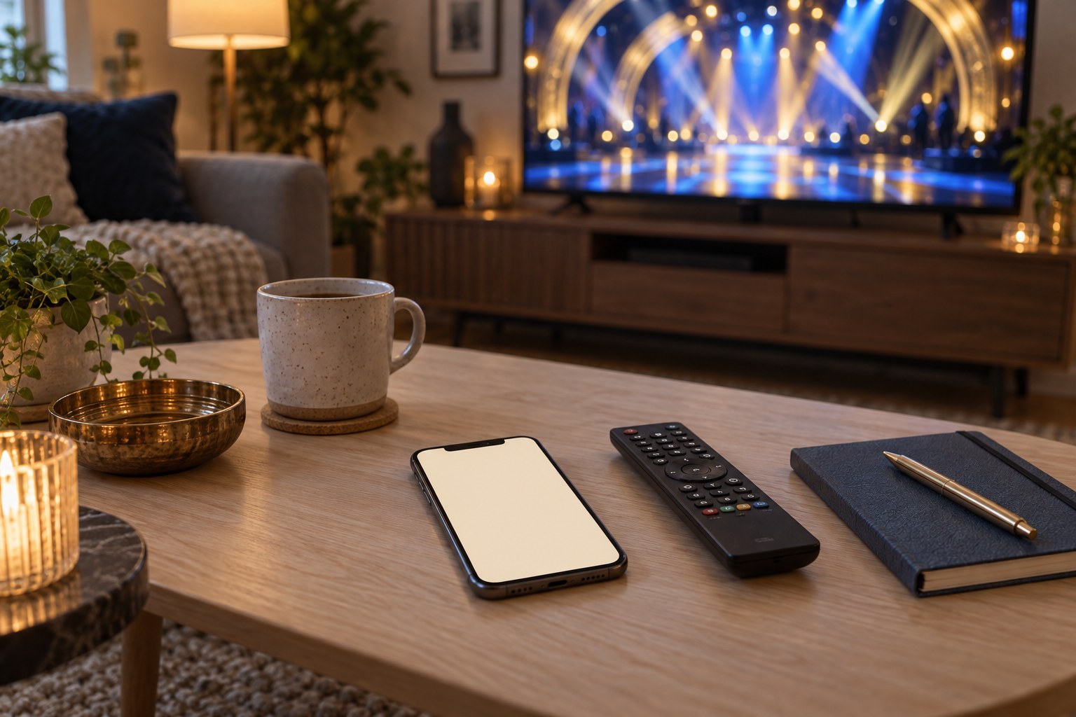 A phone and remote on a coffee table, with blurred stage lights on a television behind them